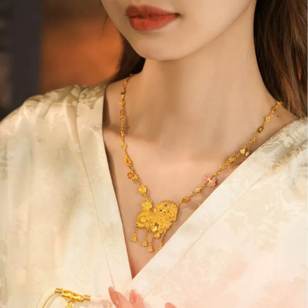 9999 24K real gold point diamond lion tassel necklace Chinese wind transfer lion dance woman necklace gift