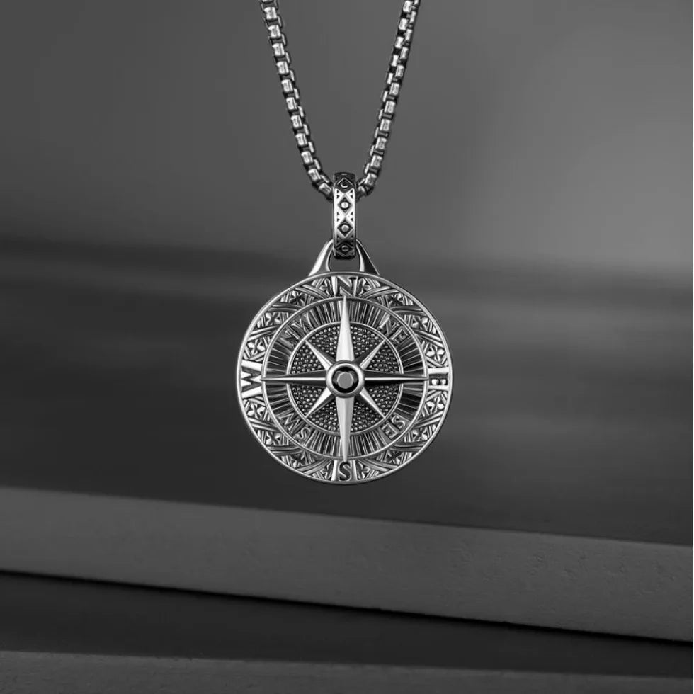 Compass Pendant Necklace Silver Stainless Steel