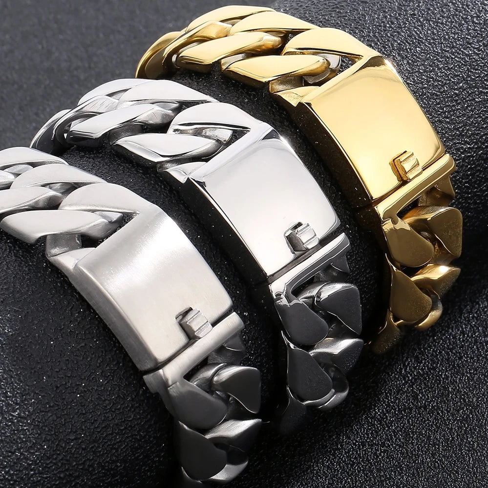 20MM Curb Cuban Chain Men Bracelet for Man Polished Brushed Waterproof Gold Color Stainless Steel Wristbands New In