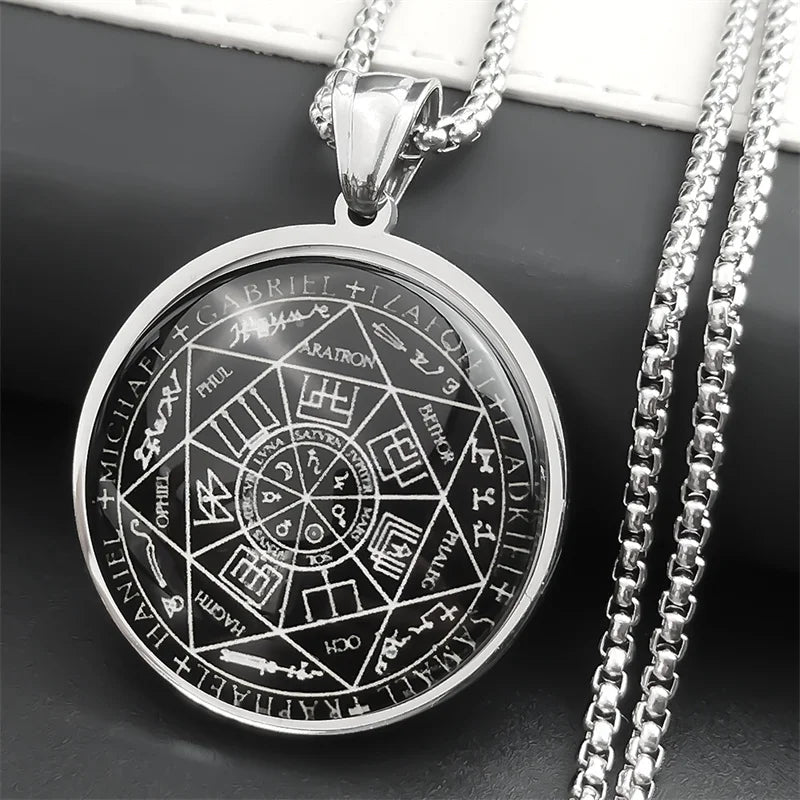 Seal of Seven Archangels Medal Stainless Steel Glass Necklace Seal of Solomon Talisman Necklace Protection Jewelry