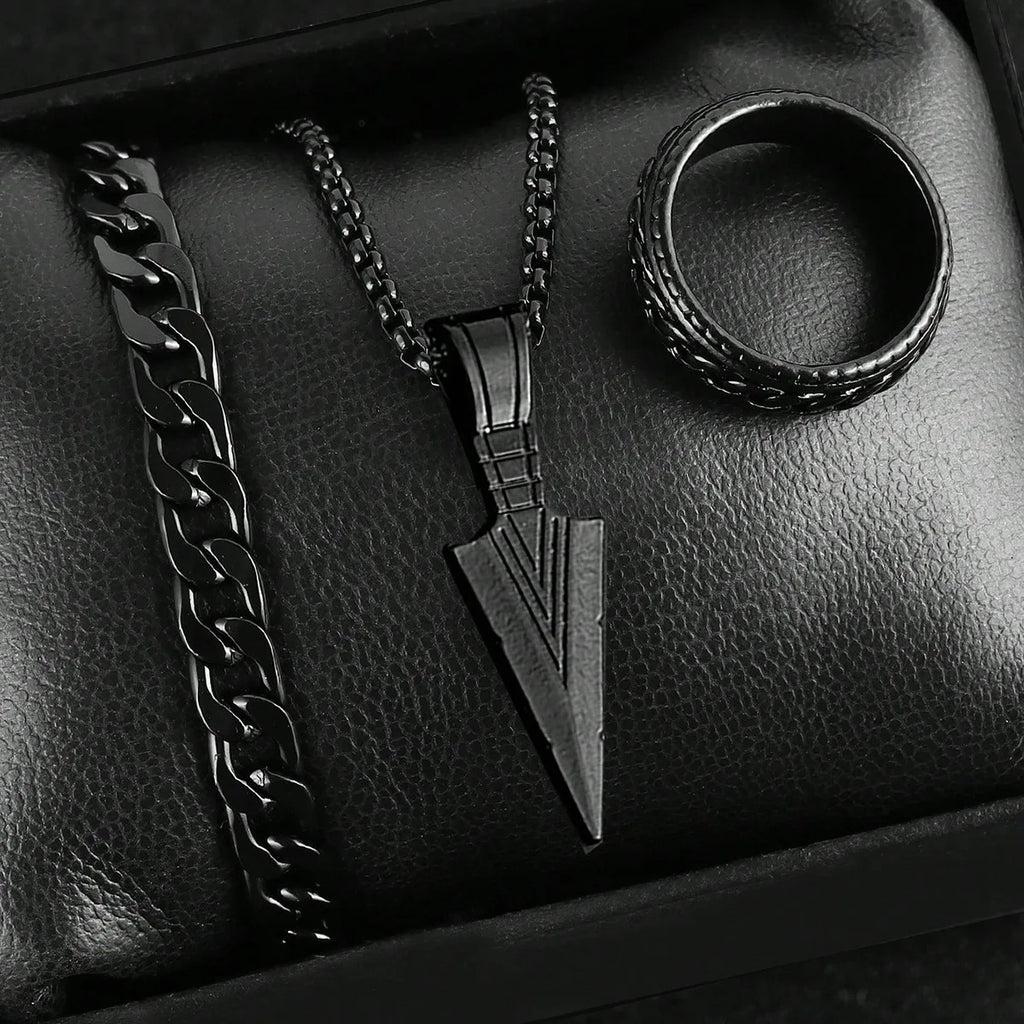 Black Cross Cuban Chain Necklace Ring Bracelet Set
