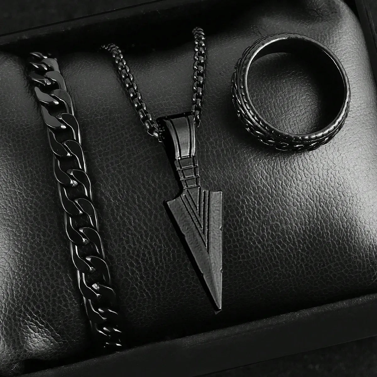 Black Cross Cuban Chain Necklace Ring Bracelet Set