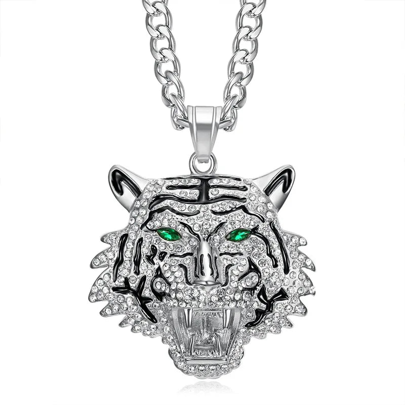 Fanshu Gold Plated Stainless Steel Luxury Bling Iced Out Tiger Pendant Collar Chains Necklace for Men Women Gift Punk