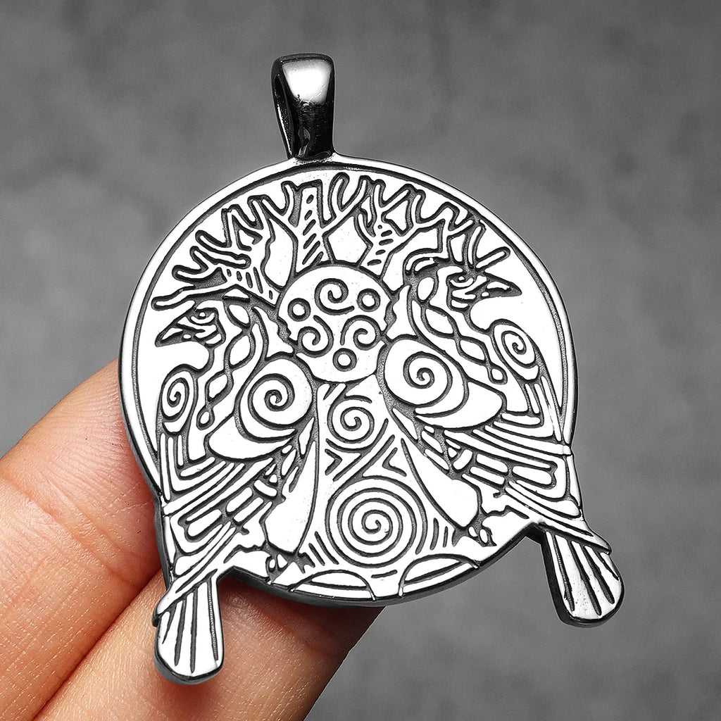 Viking Tree Raven Pendant Necklace — Stainless Steel