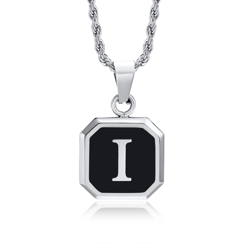 Initials Necklaces for Men Women,A-Z 26 Letters Black Square Stainless Steel Pendant Collar,45-60CM Twisted Rope Chain