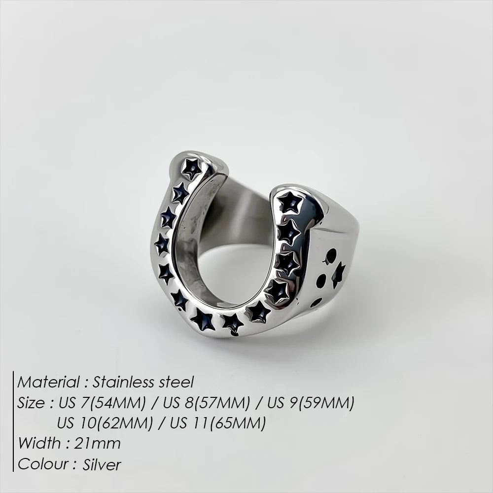 EManco Horseshoe U-shaped Star Retro Stainless Steel Men's Rings Punk Hip Hop for Male Boyfriend Biker Jewelry Creativity Gift