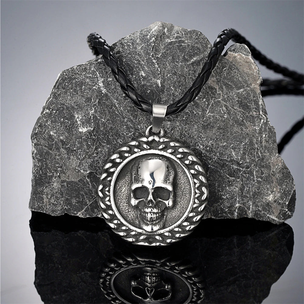 Viking Double-Sided Skull Pendant Necklace — Stainless