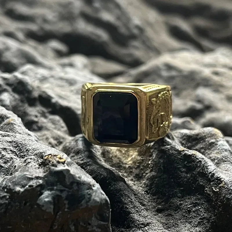 Viking Black Stone Vintage 316L Stainless Steel Ring Snake Pattern Gold Color Unisex Punk Gift For Men Classic Jewelry
