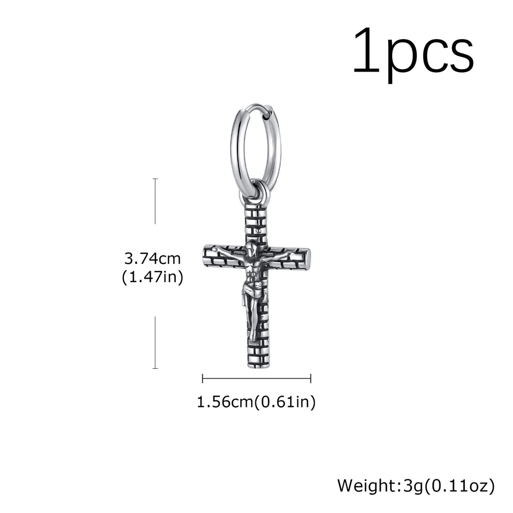 Jesus Cross Textured Dangle Earrings — Stainless Steel