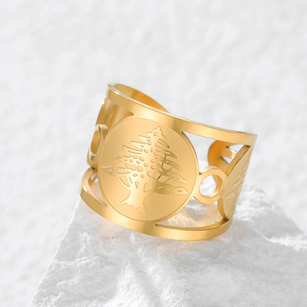 Lebanon Cedar Tree Cuff Ring Hollow Wide Open Band Stainless Steel Patriotic Lebanese National Emblem Jewelry For Lebanese
