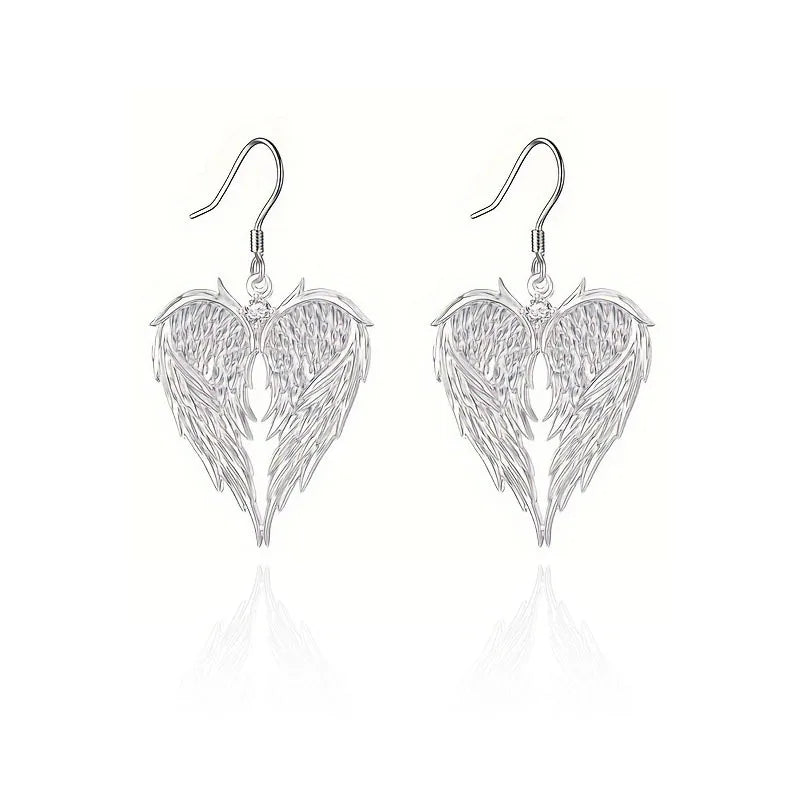 Angel Wing Heart Pendant Necklace — Zinc Alloy, CZ Accent