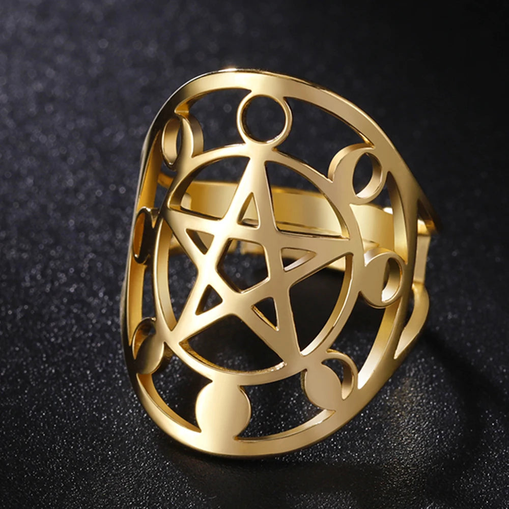 Dawapara Pentagram Adjustable Ring for Men Women Triquetra Cross Star OM Symbol Religious Gift Stainless Steel Jewelry