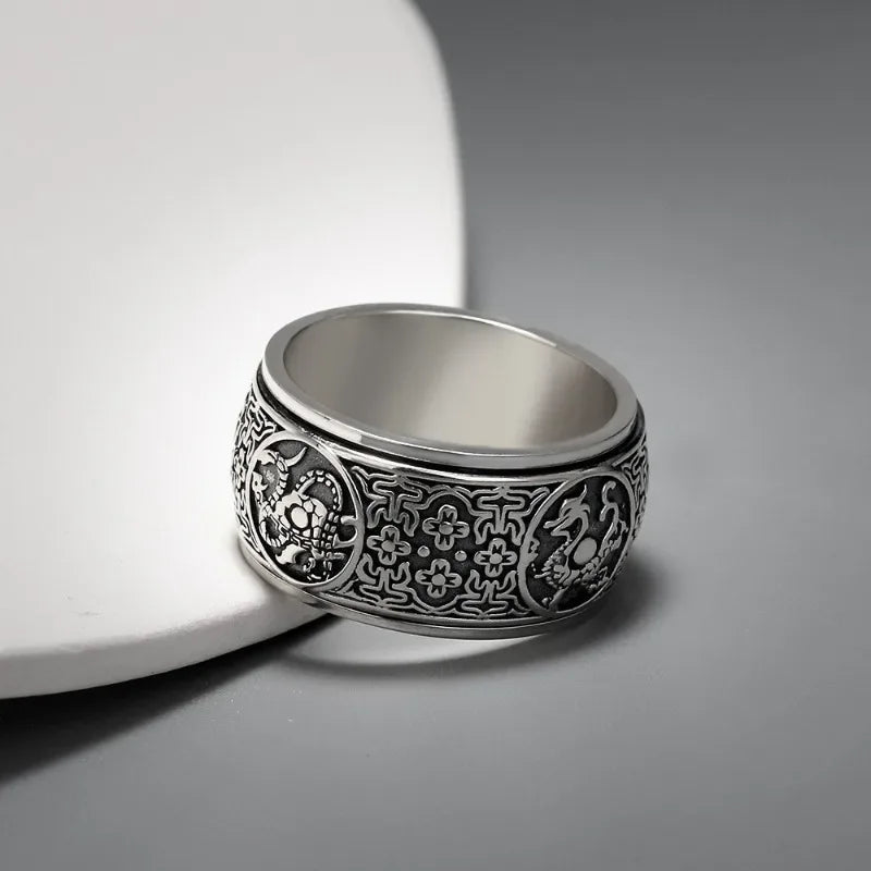 Classic Style Rotatable/Four Great Divine Beast Domineering 925 Silver Mens Rings Vintage Wide Ring Exquisite Charm
