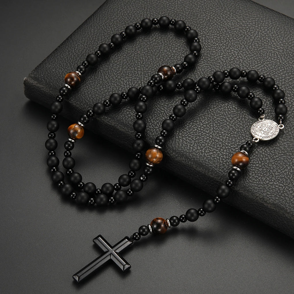 Lava Stone Cross Pendant Necklace — Zinc Alloy