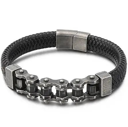 Stainless Steel Bikers Motorcycle Bike Chain Man Bracelet for Men Braided Leather Cuff Wrap Wristband Bangle With