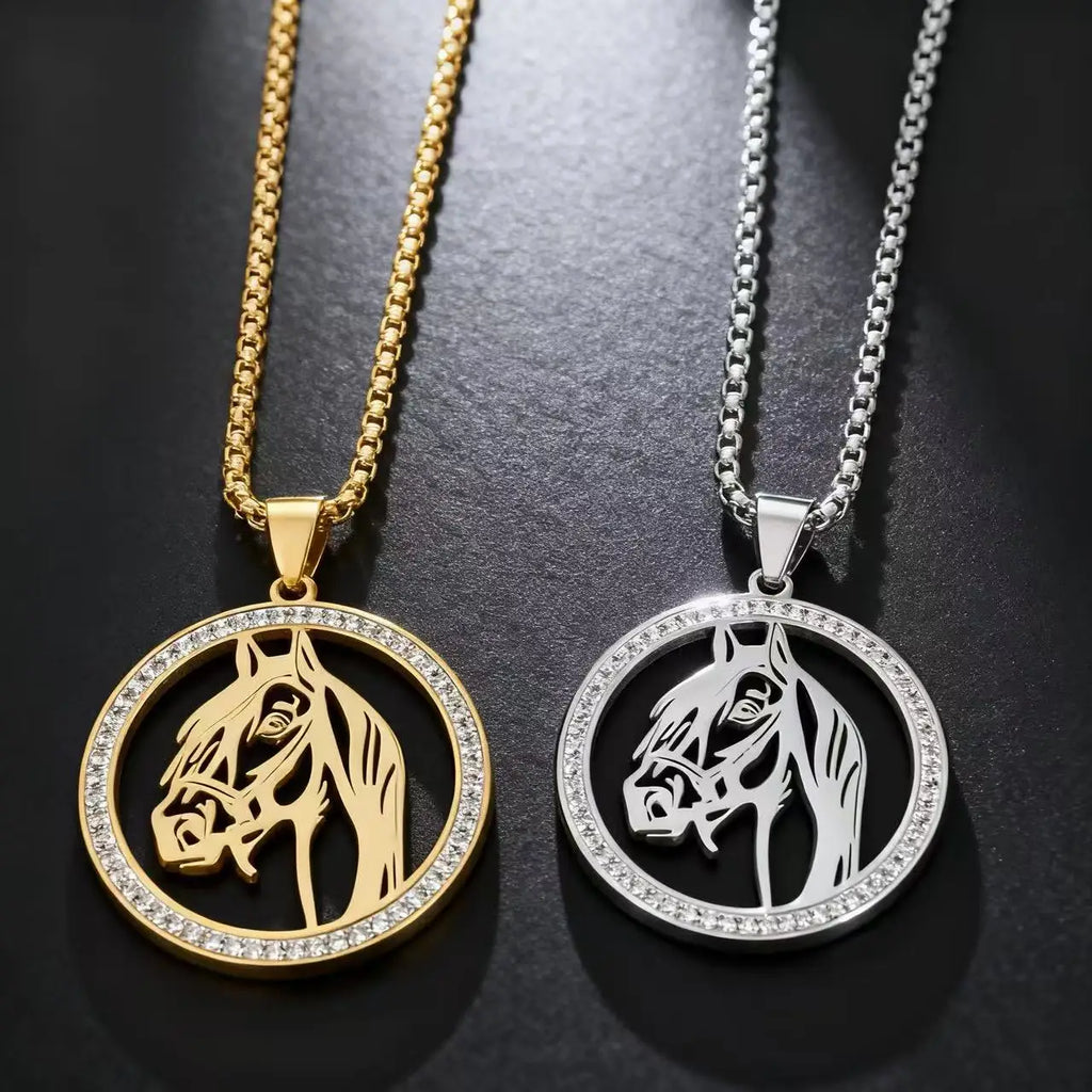Iced Out Horse Steel Pendant Rhinestone Zodiac