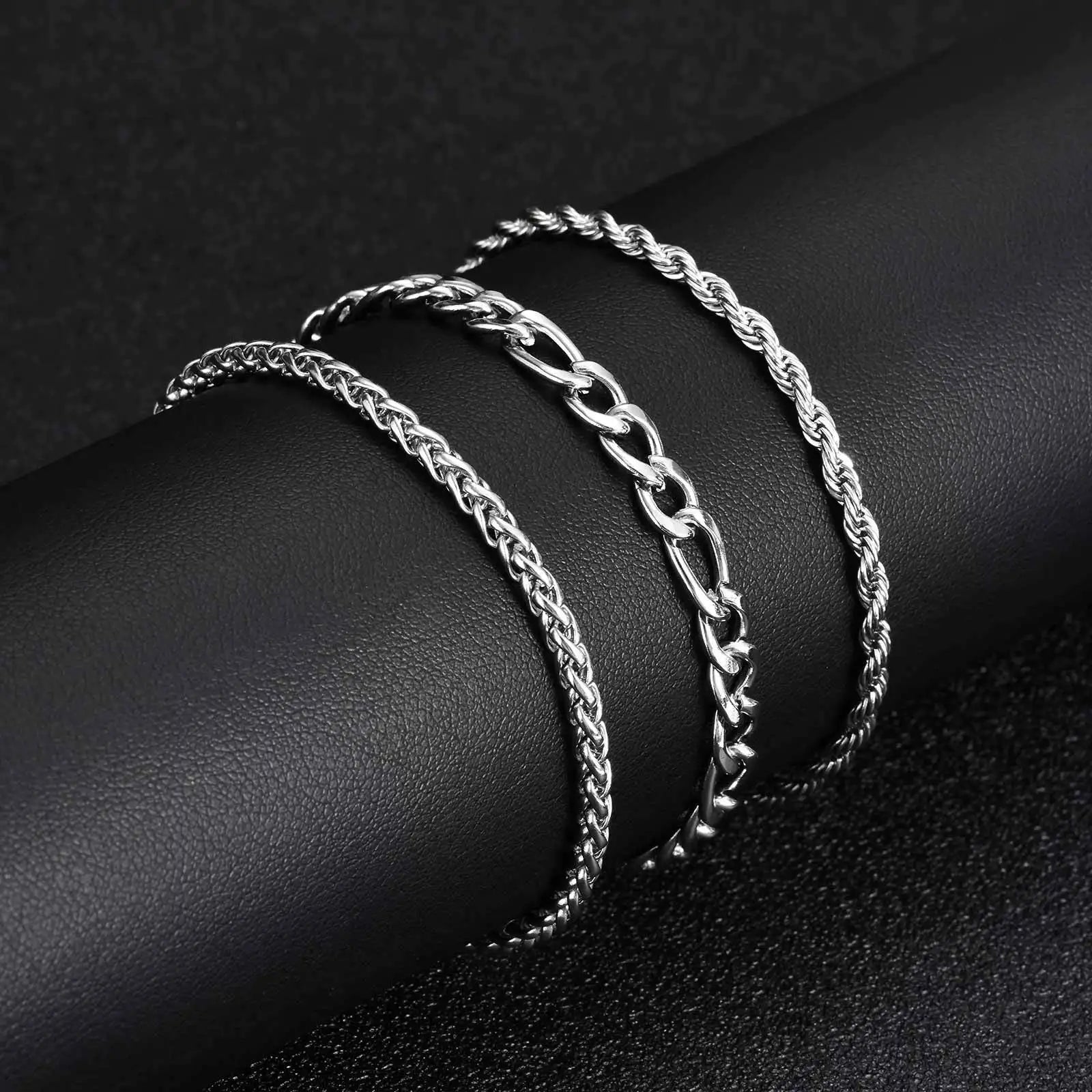 Silver Wheat Chain Bracelet Set — Stainless Steel