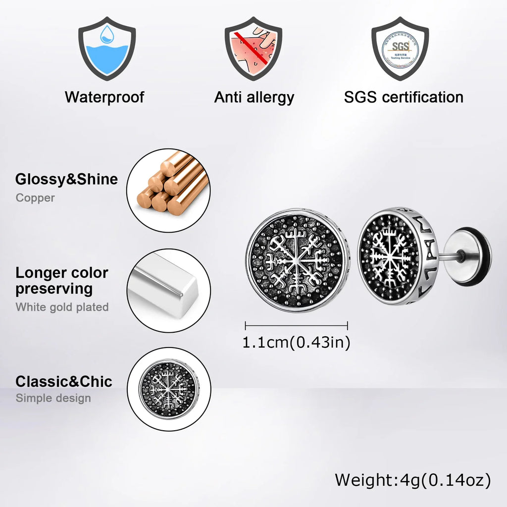 Gothic Norse Viking Rune Stud Earrings — Stainless Steel