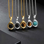 Classic Fashion Round Natural Agate Tiger Eye Stone Necklace for Men, Stainless Steel Irregular Pendant Necklace, Punk Jewelry