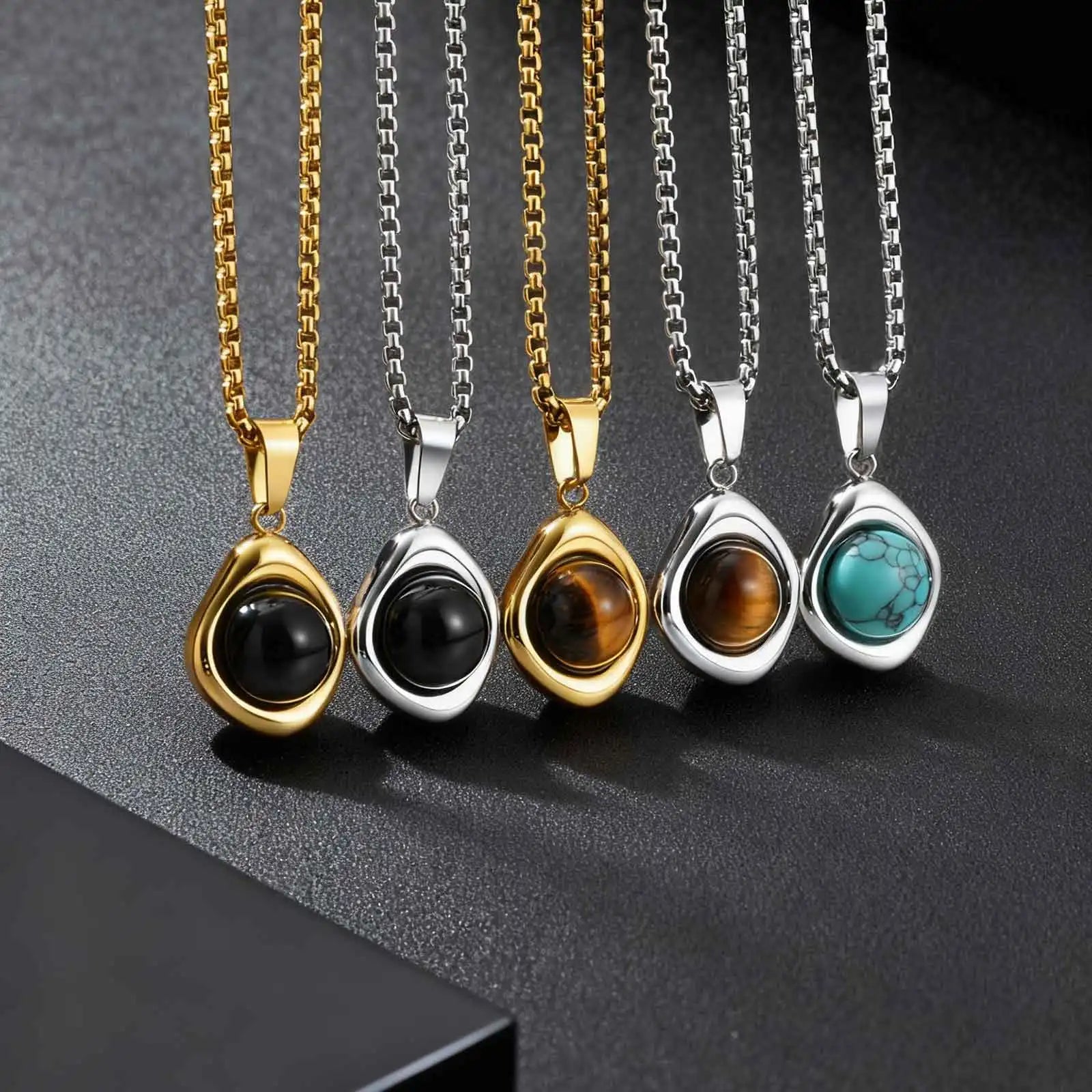 Classic Fashion Round Natural Agate Tiger Eye Stone Necklace for Men, Stainless Steel Irregular Pendant Necklace, Punk Jewelry
