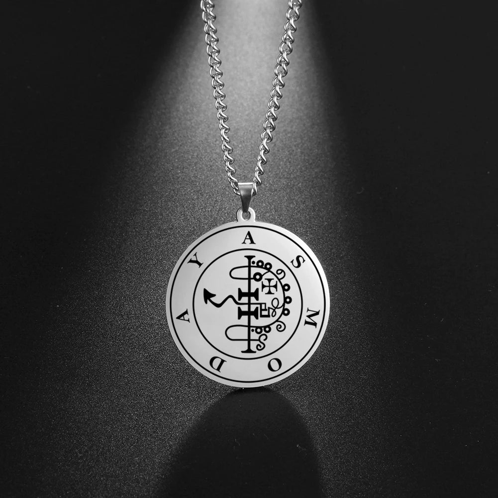 LIKGREAT Stainless Steel Lesser Key of King Solomon Occult Sigil 72 Demon Medalion Necklace for Men Women Pagan