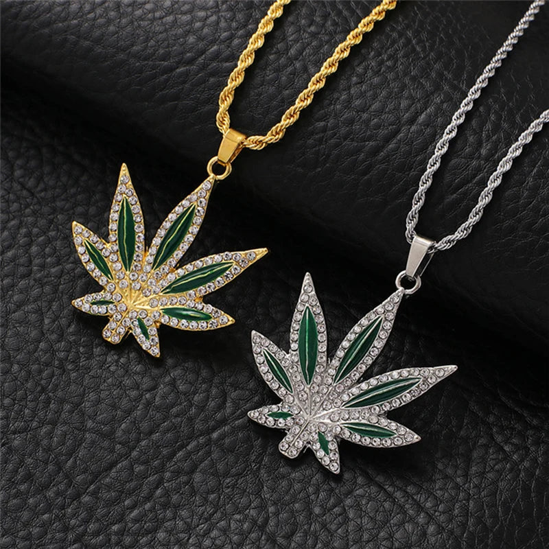 FTCY Rhinestone Maple Leaf Pendant Necklace For Men Women Personalized Punk Hip-hop Gold Color Necklace Jewelry Gift