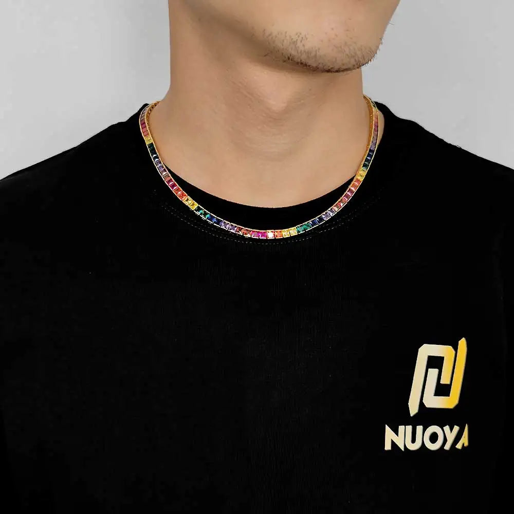 Gold Rainbow Tennis Necklace Iced Out 4MM 18K