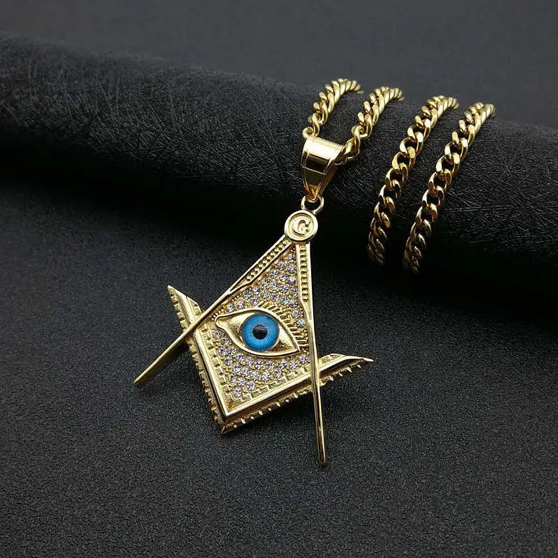 Hip Hop Rock Bling Gold Color Stainless Steel Illuminati Eye Freemason Masonic AG Pendants Necklaces for Men Jewelry