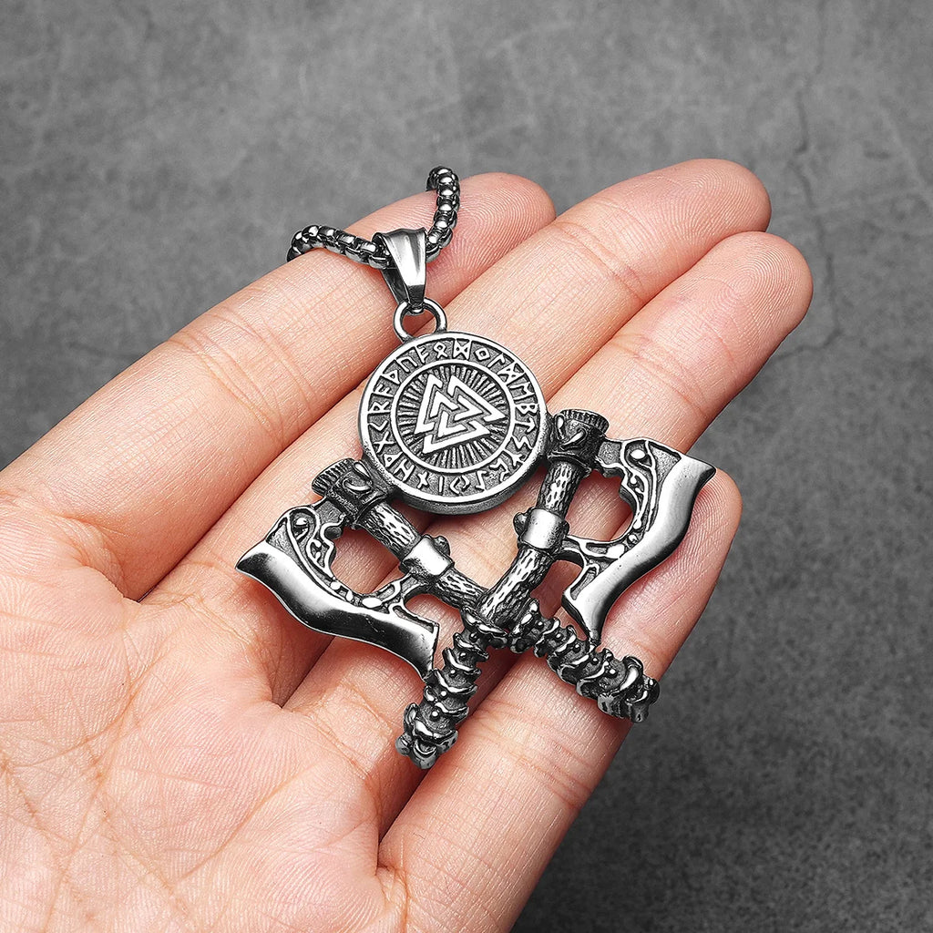 Viking Double Battle Axe Men Necklaces Stainless Steel Pendant Chain Women Punk Fashion Jewelry Accessories Gifts