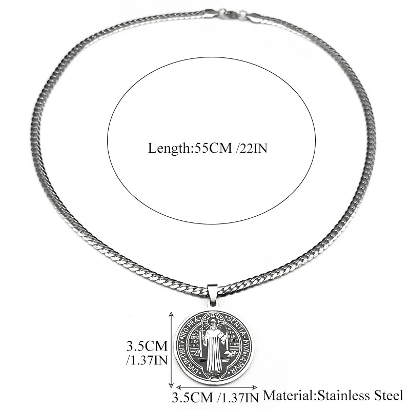 San Benito Exorcist Pendant Necklace for Women Men Stainless Steel Christian Saint Benedict Religious Amulet Chain