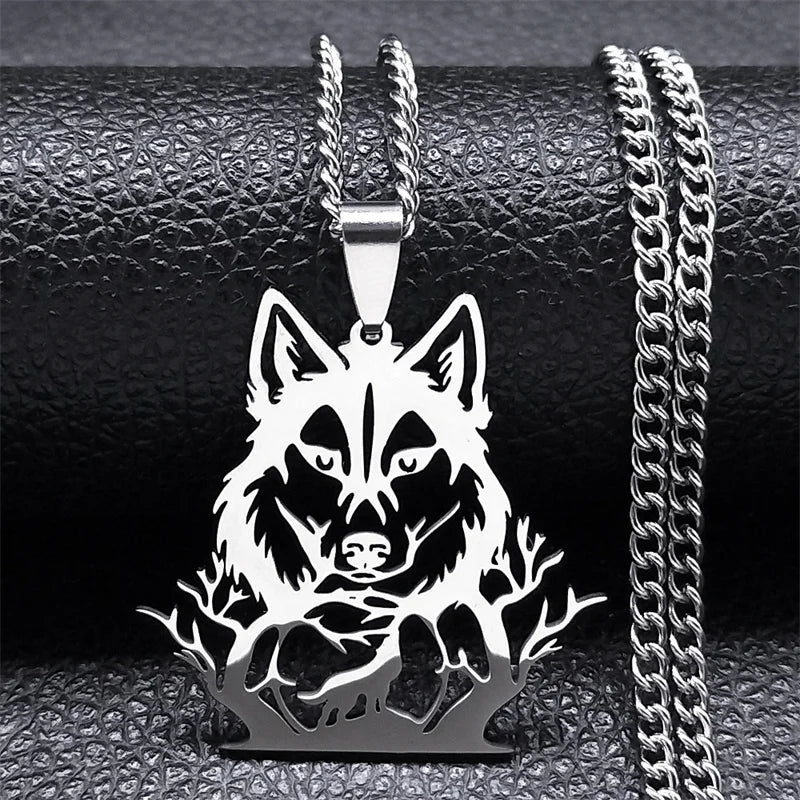 Goth Full Moon Wolf Head Pendant Necklace Women Men Black Color Forest Tree Hollow Animal Necklaces Jewelry Party Gifts