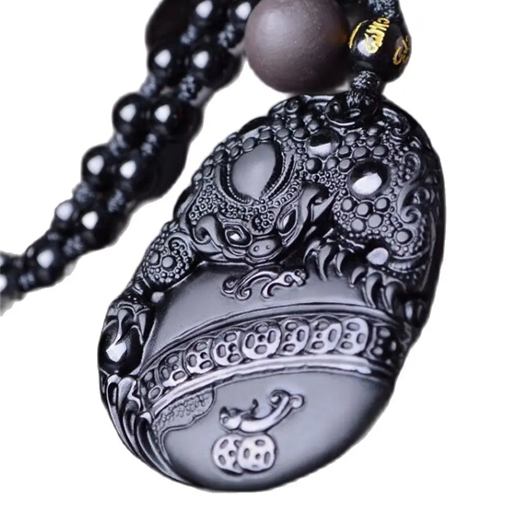 Beautiful Chinese Handwork Natural Black Obsidian Carved Coin Toad PiXiu Blessing Lucky Amulet Pendant + Beads Necklace