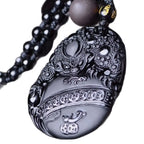 Beautiful Chinese Handwork Natural Black Obsidian Carved Coin Toad PiXiu Blessing Lucky Amulet Pendant + Beads Necklace