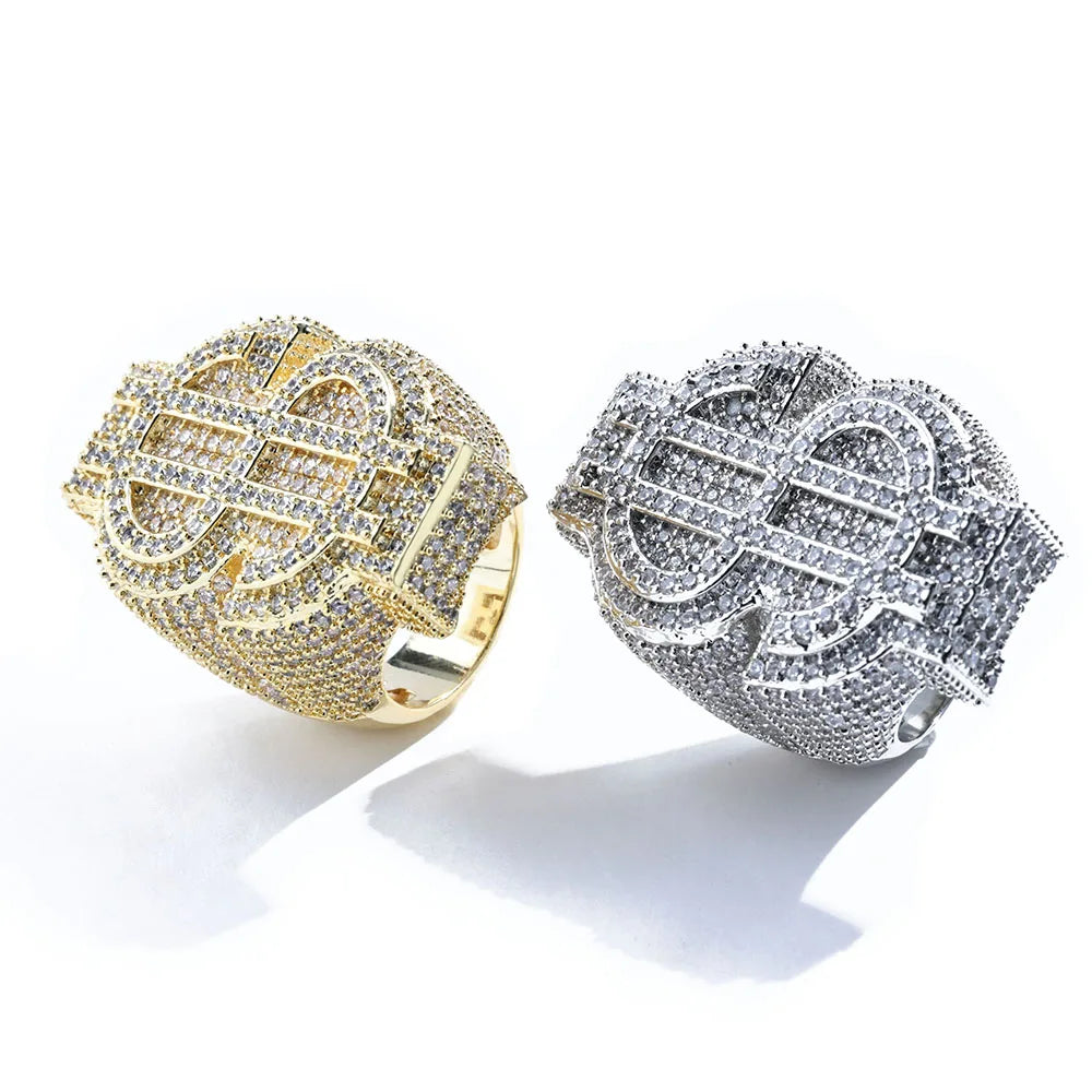 Gold Iced Out Money Sign Ring Statement