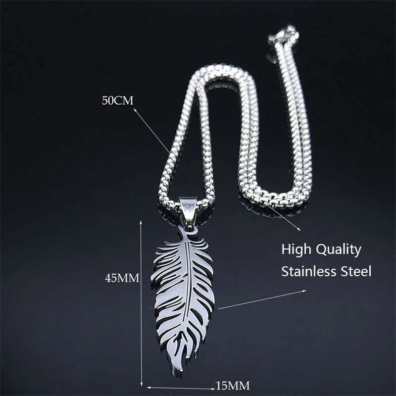 Men's Stainless Steel Feather Pendant Necklace Trendy Fashion Hip Hop Punk Jewelry Accessories Gift For Best Friend