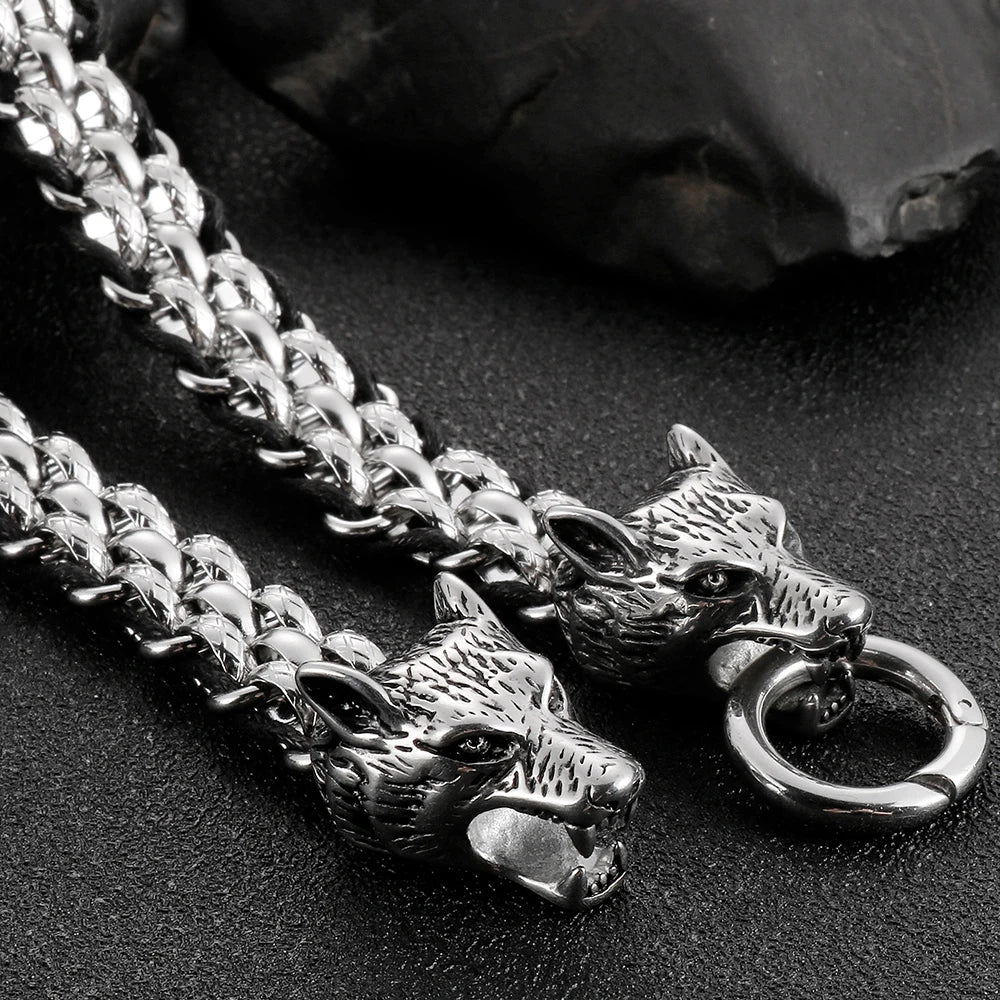 Gothic Double Wolf Heads On Hand Bands Bracelet For Men Stainless Steel Viking Jewelry Men's Bracelets With Spring Ring