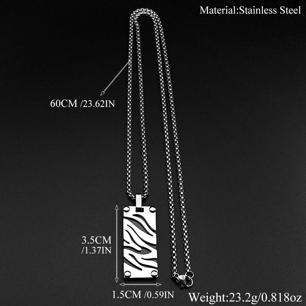 Hip Hop Stainless Steel Two-Tone Hollow Geometric Zebra Print Dog Tag Pendant Necklace for Men Male Punk Chain Jewelry Gift