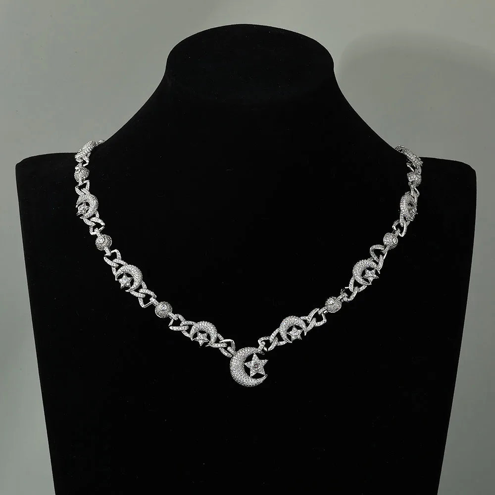 Iced Out Star Cuban Chain Necklace Moon CZ