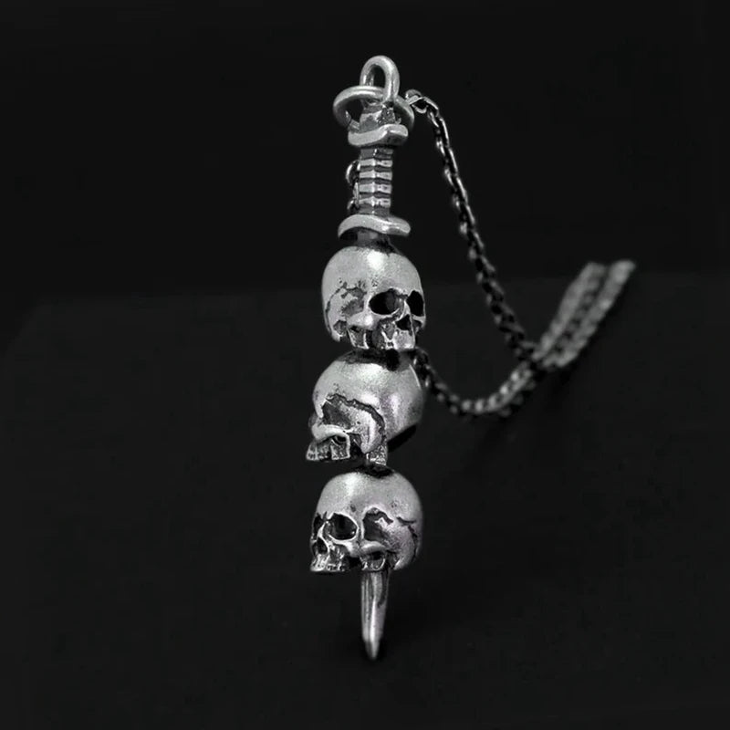 Dark Night Skull Sword Silver The Sword Pass Through Skulls Pendant for Men and Women Vintage Gothic Style Necklace