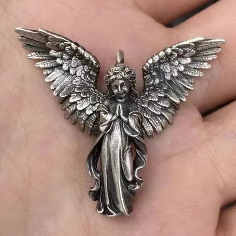 Vintage Distressed Angel Wings Pendant Necklace — Two-Tone