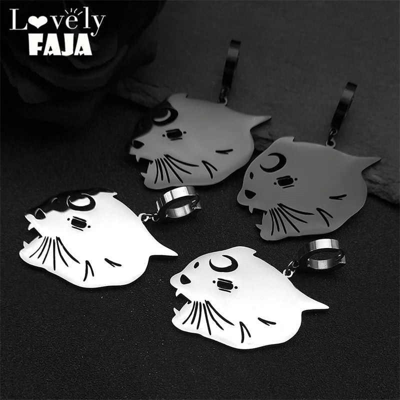 Cat Silver Earrings Witchcraft Head Moon Hoop