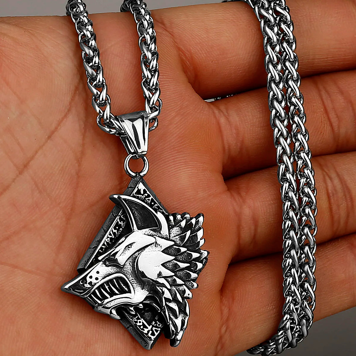 Viking Wolf Head Geri and Freki Necklace — Stainless Steel