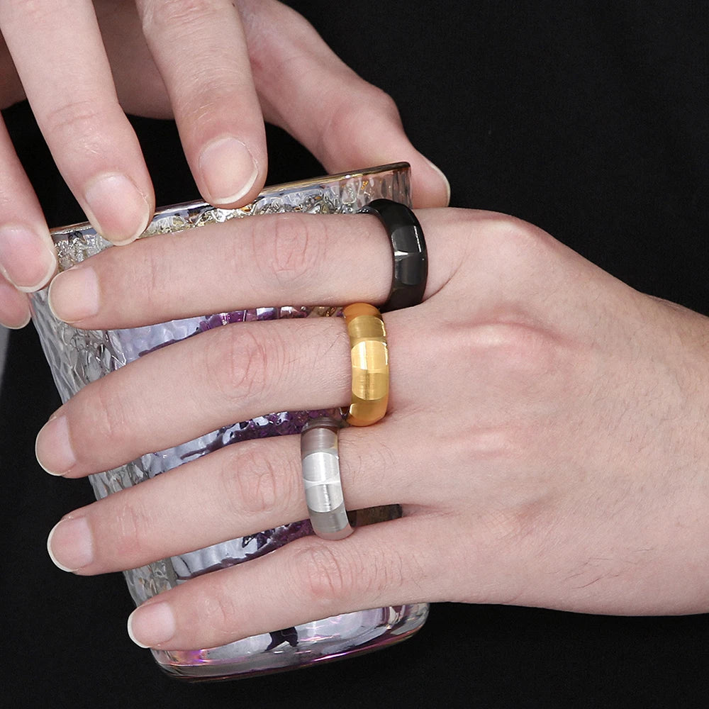 Waterproof Vacuum Plated Gold Color Stainless Steel Men's Ring 7mm Width Brushed Finished with Inner Curve Design Rings