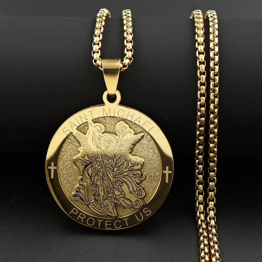 St. Michael Protect Us Cross Medal Necklace — Stainless Steel