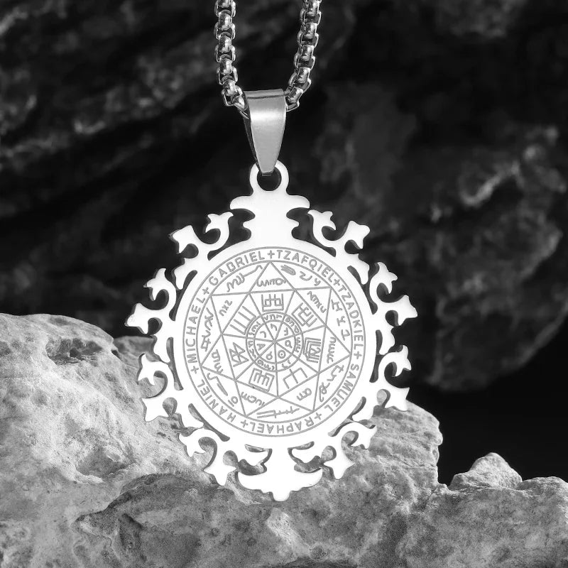 Stainless Steel Solomon Religious Seven Archangels Compass Pendant Necklace Men's Retro Lucky Amulet Jewelry