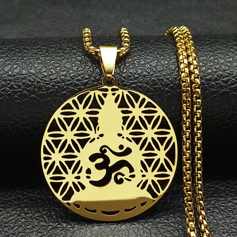 Buddhism Meditation Buddha Yoga Pendant Necklace Stainless Steel Tree of Life Buddhist Chakras Reiki Chain Jewelry Collar