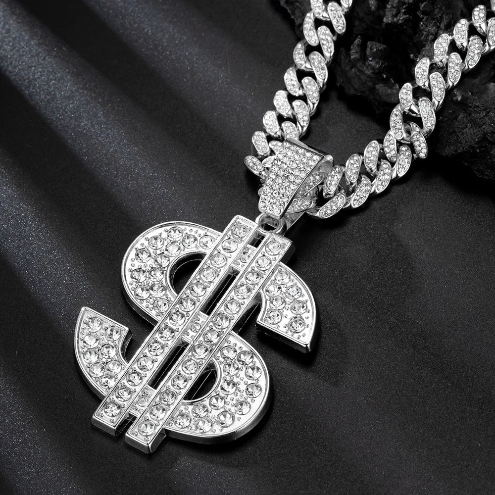 Fashion Hip Hop Dollar Pendant Necklace with 13mm Cuban Chain US Dollar Money Sign Necklaces Rap Rock Punk Jewelry For