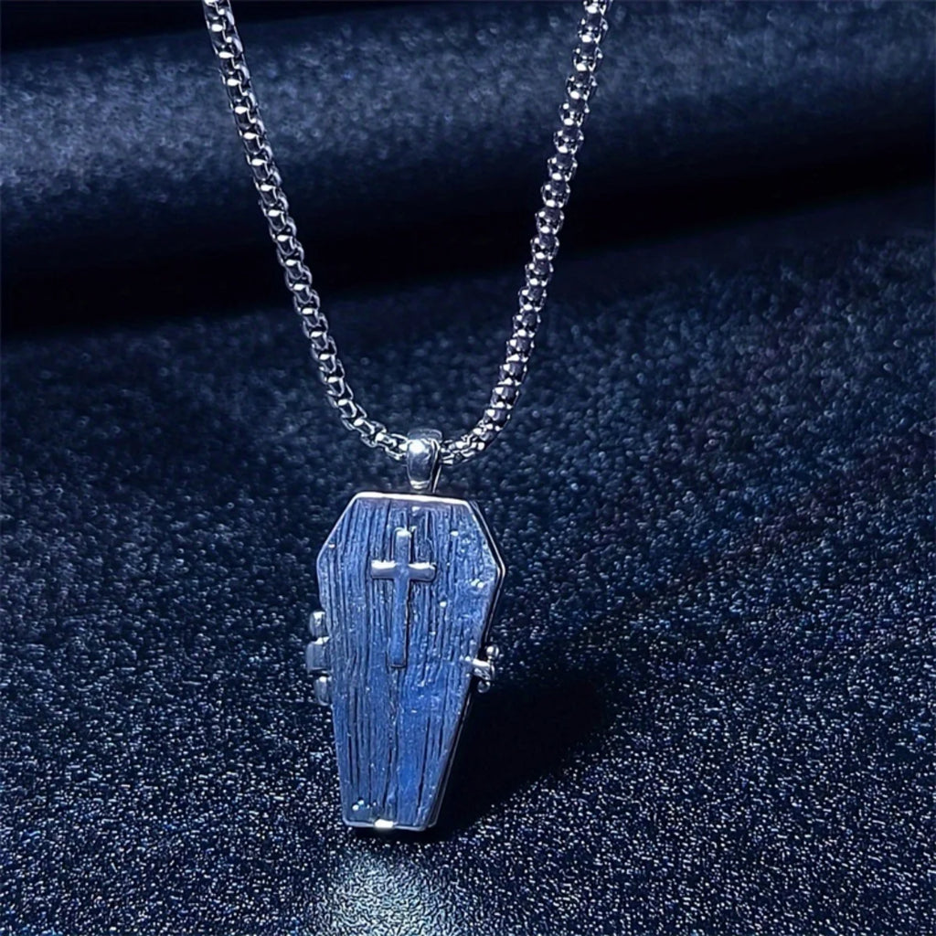 Punk Gothic Halloween Skeleton Coffin Shaped Pendant Necklace For Women Men Cross Skull Stainless Steel Chain Choker