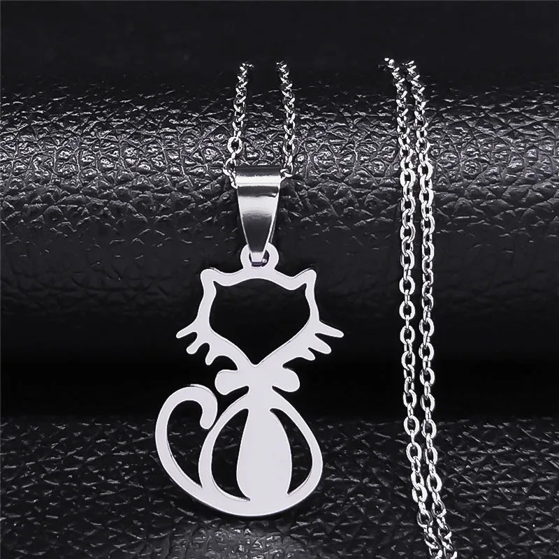 Cat Silver Statement Pendant Necklace — Stainless Steel