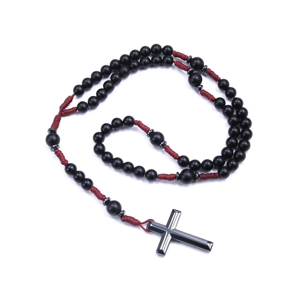 Matte Black Round Beads Red Cord Necklace with Cross Pendant Rosary for Men and Women